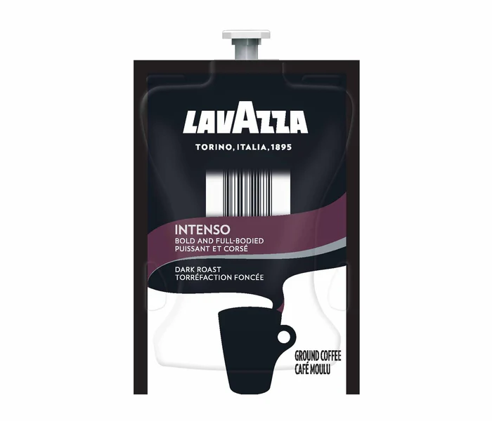 A FLAVIA Lavazza® Intenso Coffee packaging design featuring a dark roast ground coffee labeled as "intenso" with an image of a coffee cup.