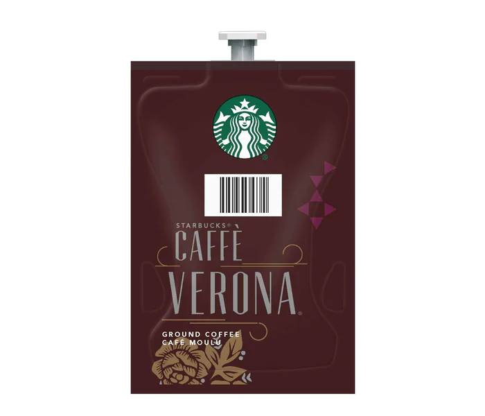 A packet of FLAVIA Starbucks® Caffe Verona ground coffee with the logo and decorative elements in white and brown color scheme.