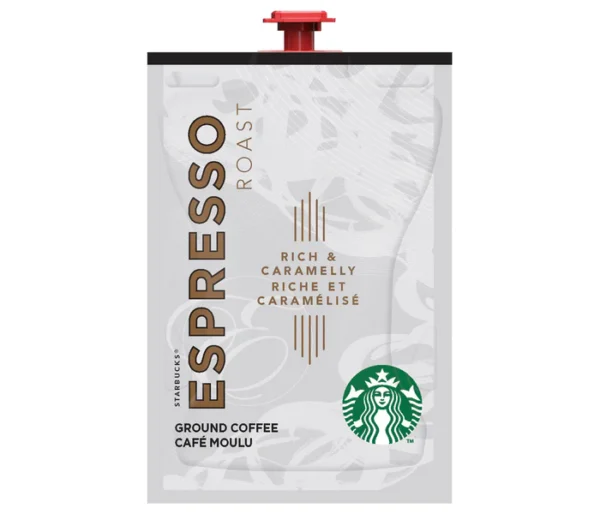 FLAVIA Starbucks® Espresso Roast ground coffee packaging with a dominant white and grey pattern, featuring text and the Starbucks logo.