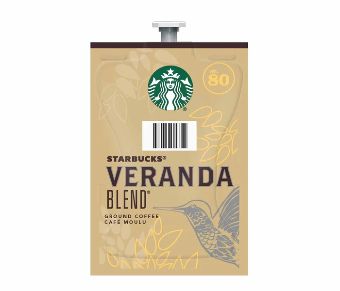 Pouch of FLAVIA Starbucks® Veranda Coffee ground coffee, featuring a bird and coffee plant design, barcode, and twist cap.