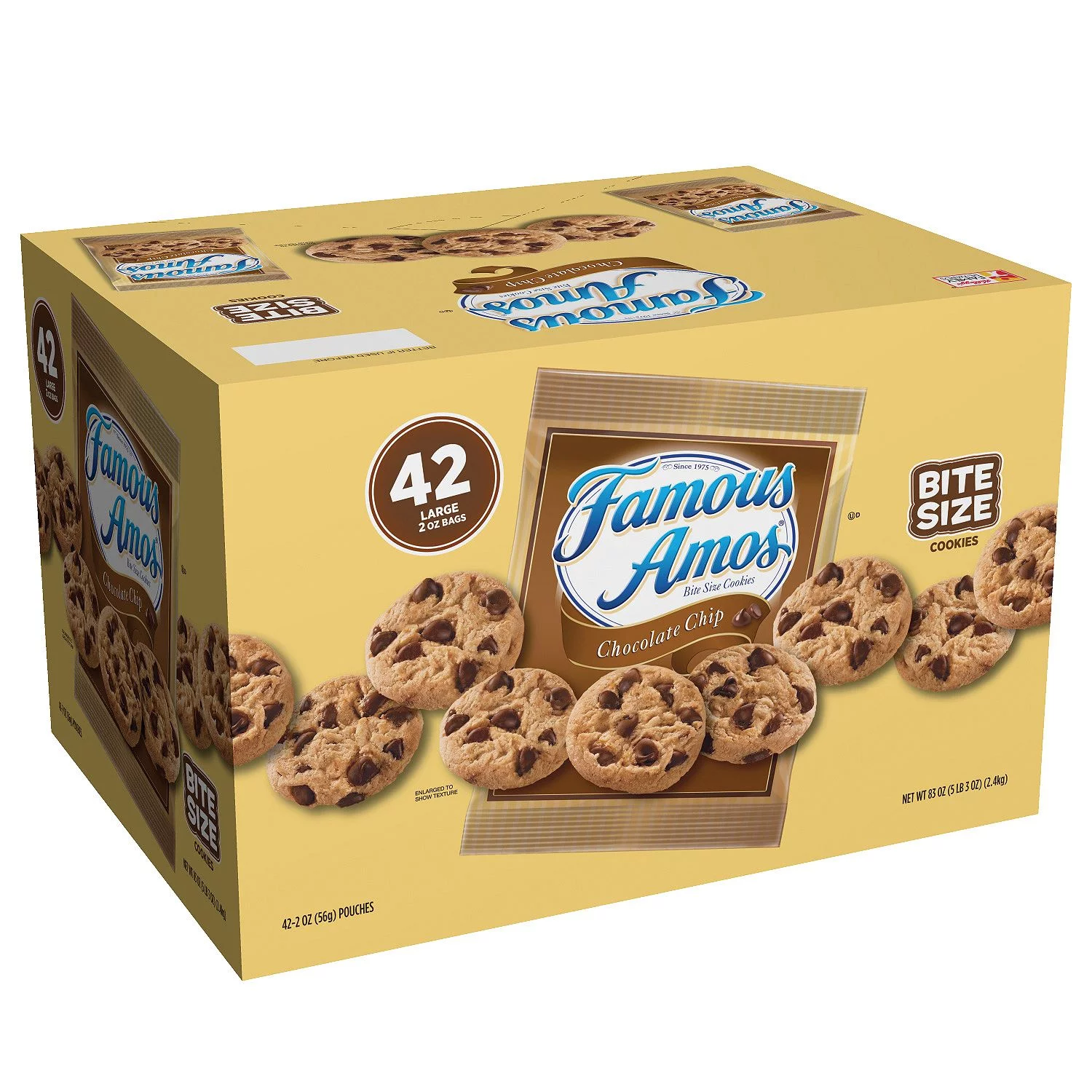 A large box of Famous Amos Chocolate Chip Cookies, containing 42 snack packs.