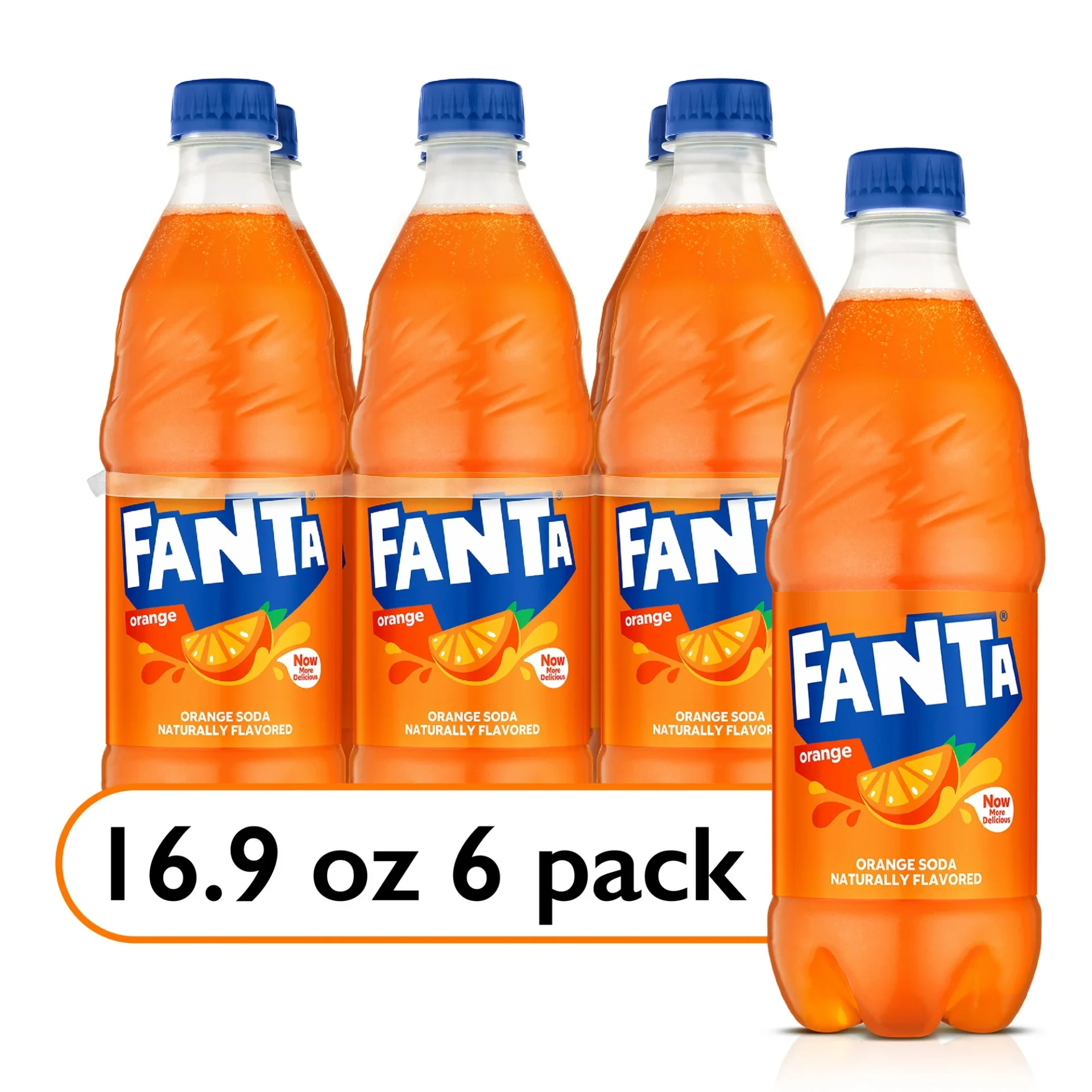 Six-pack of 16.9-ounce Fanta Orange Caffeine Free Soda Bottles on a white background.