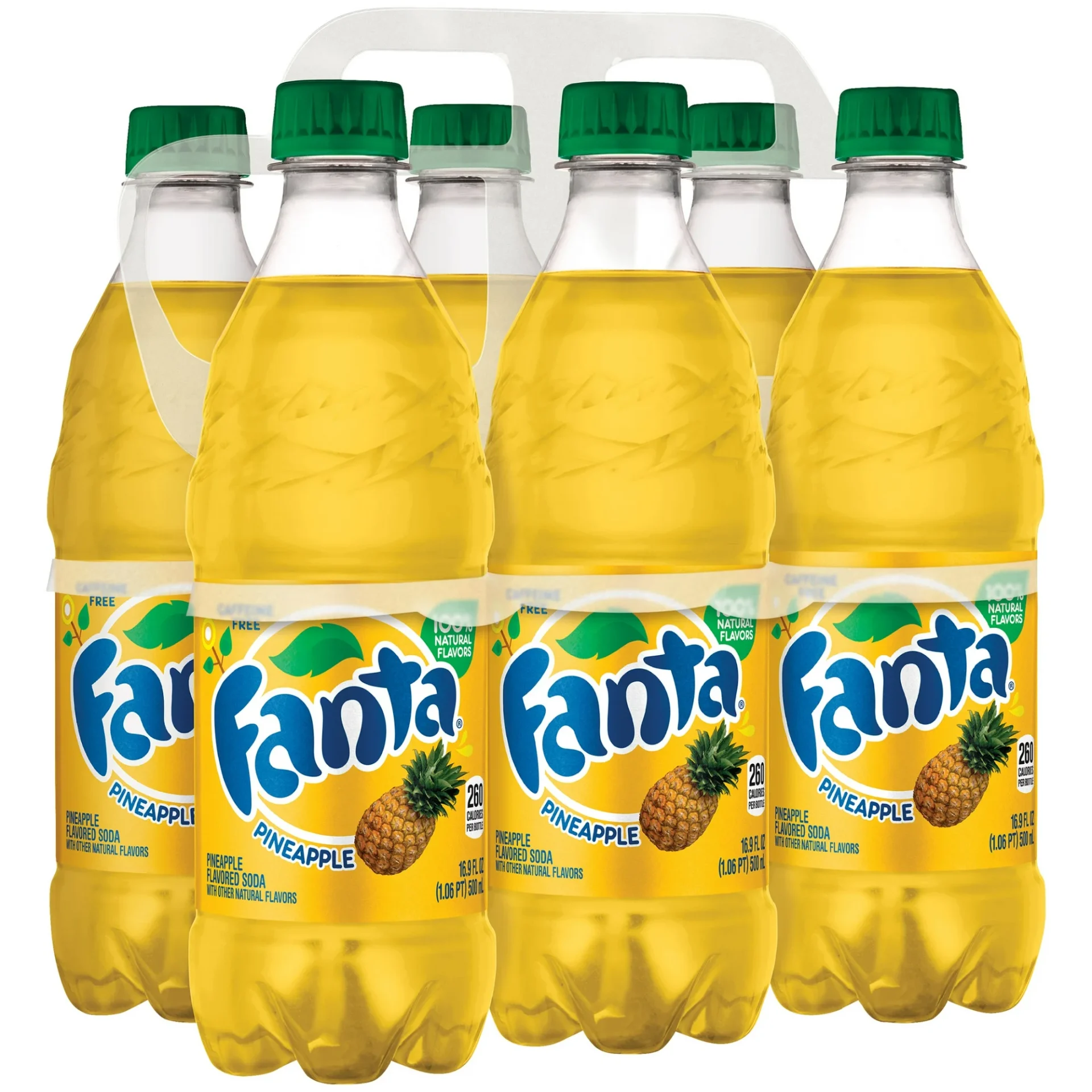 Six bottles of Fanta Pineapple Caffeine Free Soda Bottles in a plastic wrap.