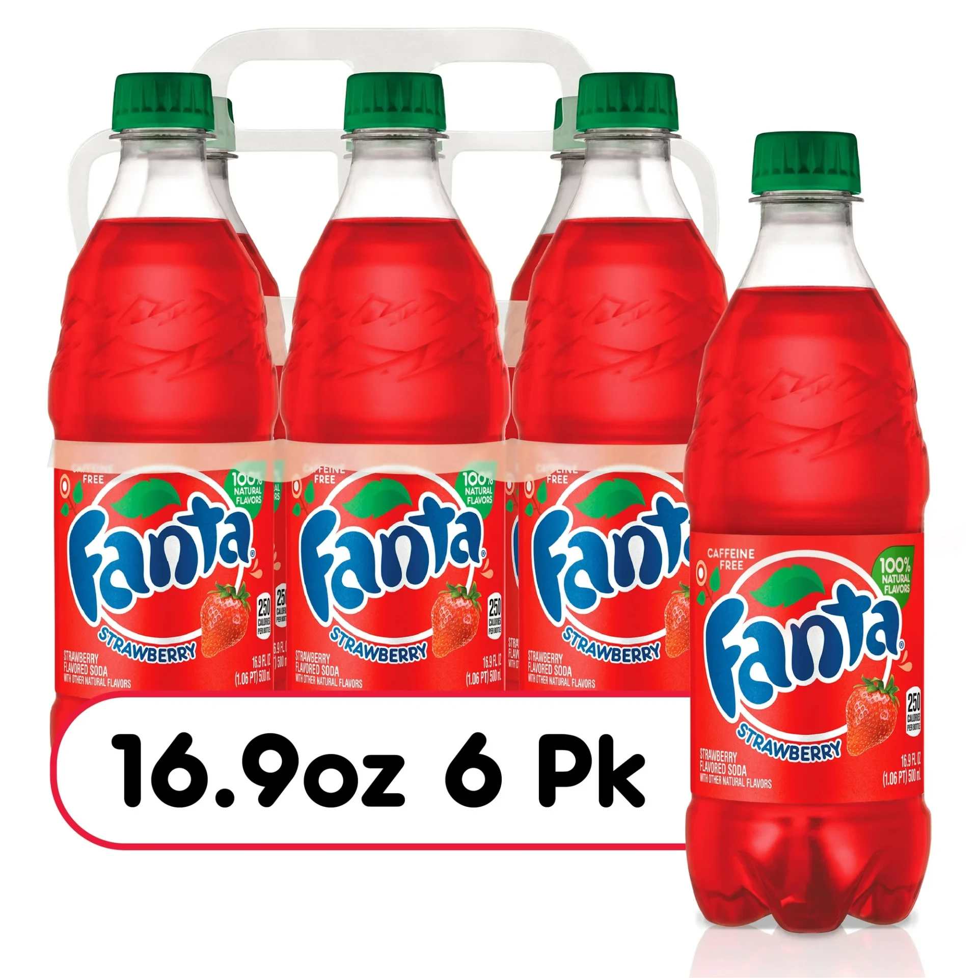 Six-pack of Fanta Strawberry Caffeine Free Soda Bottles in 16.9 oz bottles with green caps, arranged side by side.