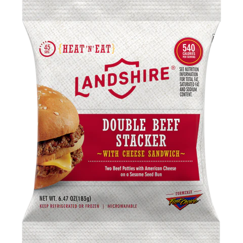 Package of Fast Choice Double Beef Stacker With Cheese sandwich, featuring the image of the sandwich on a sesame seed bun, weight label, and cooking instructions visible.