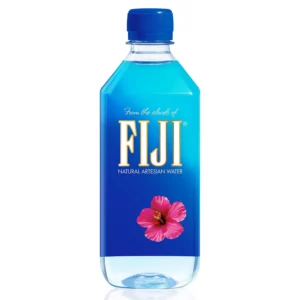 A clear plastic bottle of FIJI Natural Artesian Water with a pink flower on the label, isolated on a white background.