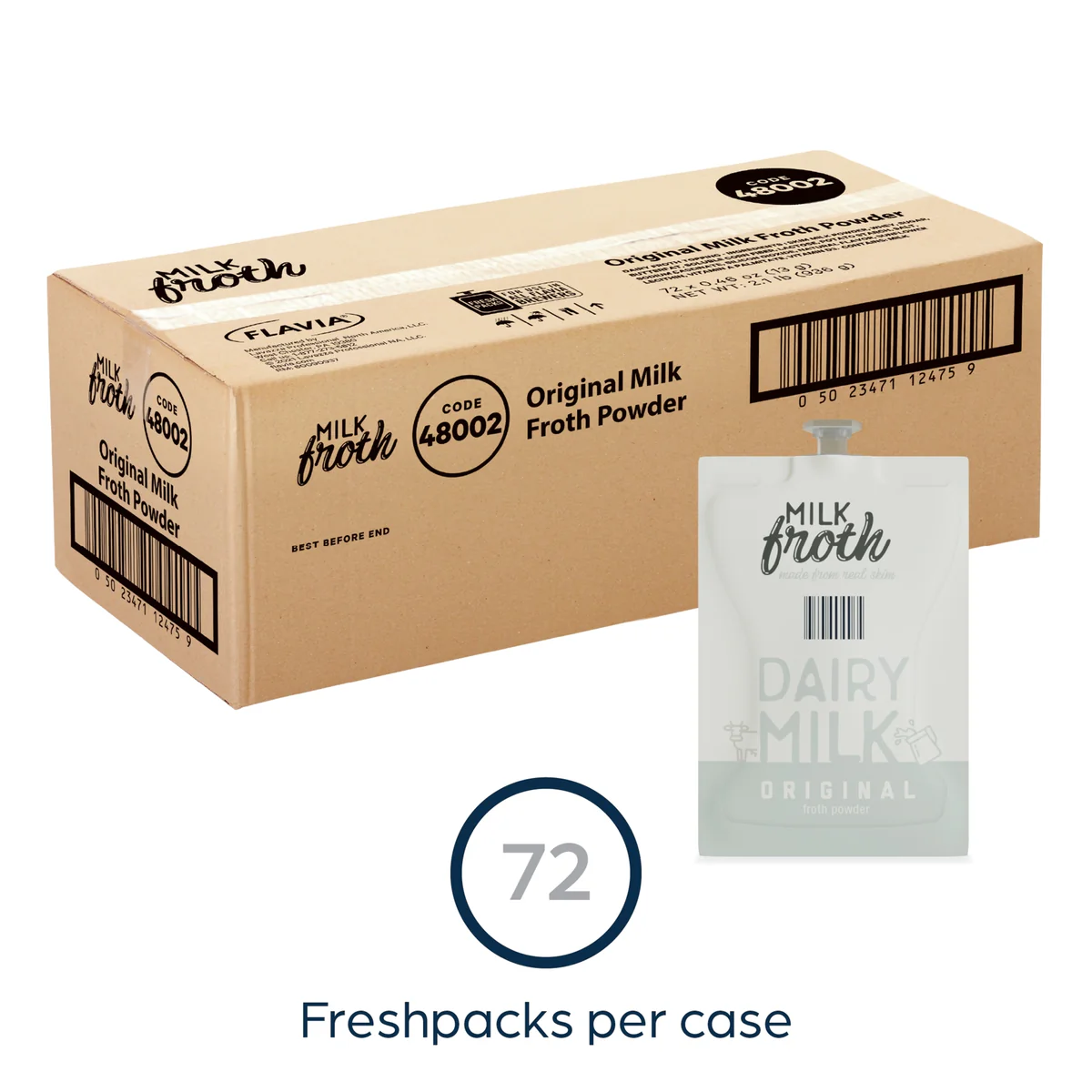 Cardboard box labeled "Original Milk Froth Powder" with barcode, beside a pouch of the product, and text indicating "72 freshpacks per case.