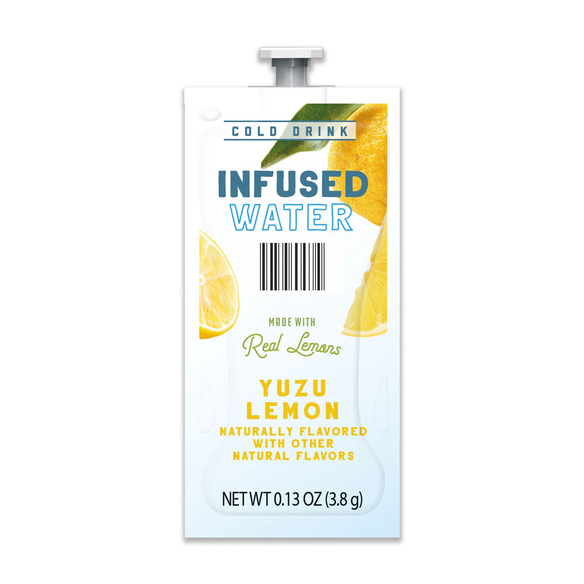 A packaged FLAVIA Yuzu Lemon Infused Water product labeled "made with real lemons, yuzu lemon," showing lemon slices and a barcode.