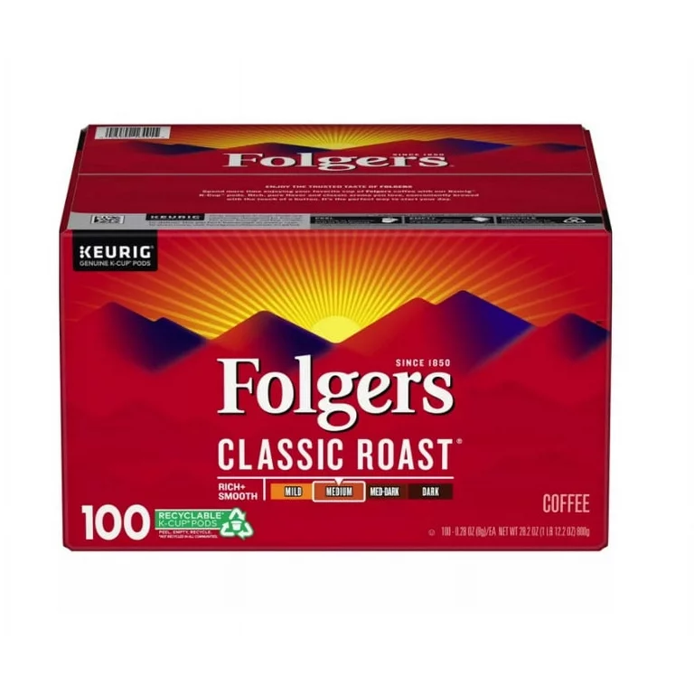 A box of Folgers Classic Medium Roast K-Cup Coffee Pods, prominently displaying the brand and quantity of 100 recyclable pods.