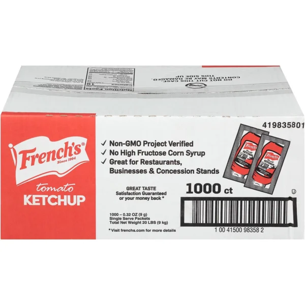 Box of French's Tomato Ketchup Single-Serve Packets, displaying product information including non-gmo, no high fructose corn syrup, and guarantee details. Text includes barcode and quantity (1000 packets).