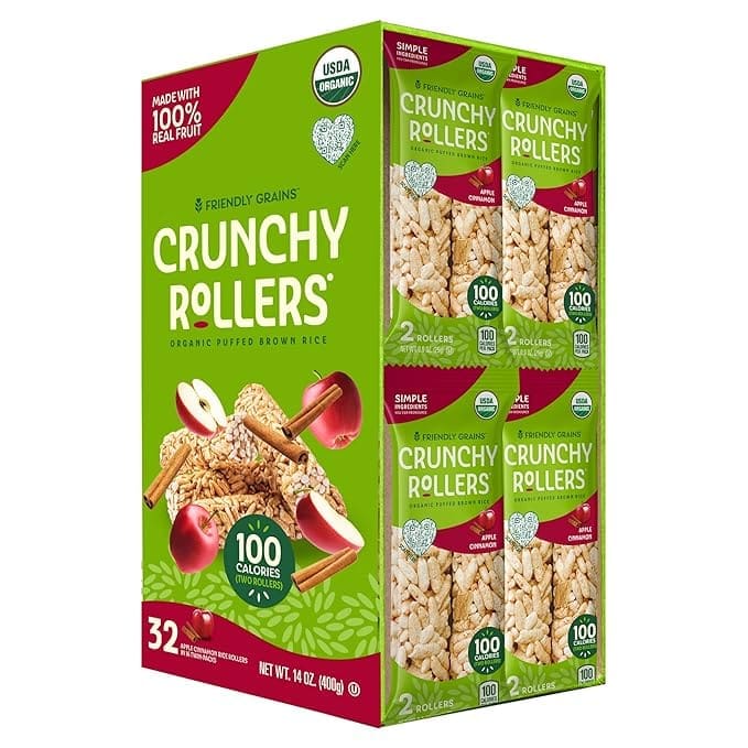 Box of Friendly Grains Crunchy Rollers organic apple cinnamon rice snacks with multiple packets visible, displaying nutritional information and USDA organic label.