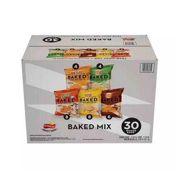 A box of Frito-Lay Baked Mix Variety Pack Chips and Snacks, featuring 30 individual bags in various flavors including Ruffles and Cheetos.