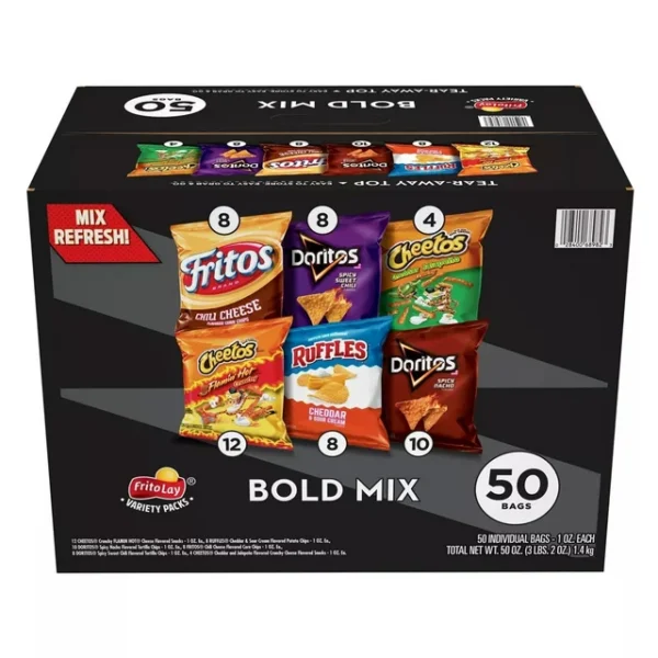 A box of Frito-Lay Bold Mix Variety Pack Chips and Snacks, featuring bags of Fritos, Doritos, Cheetos, and Ruffles.