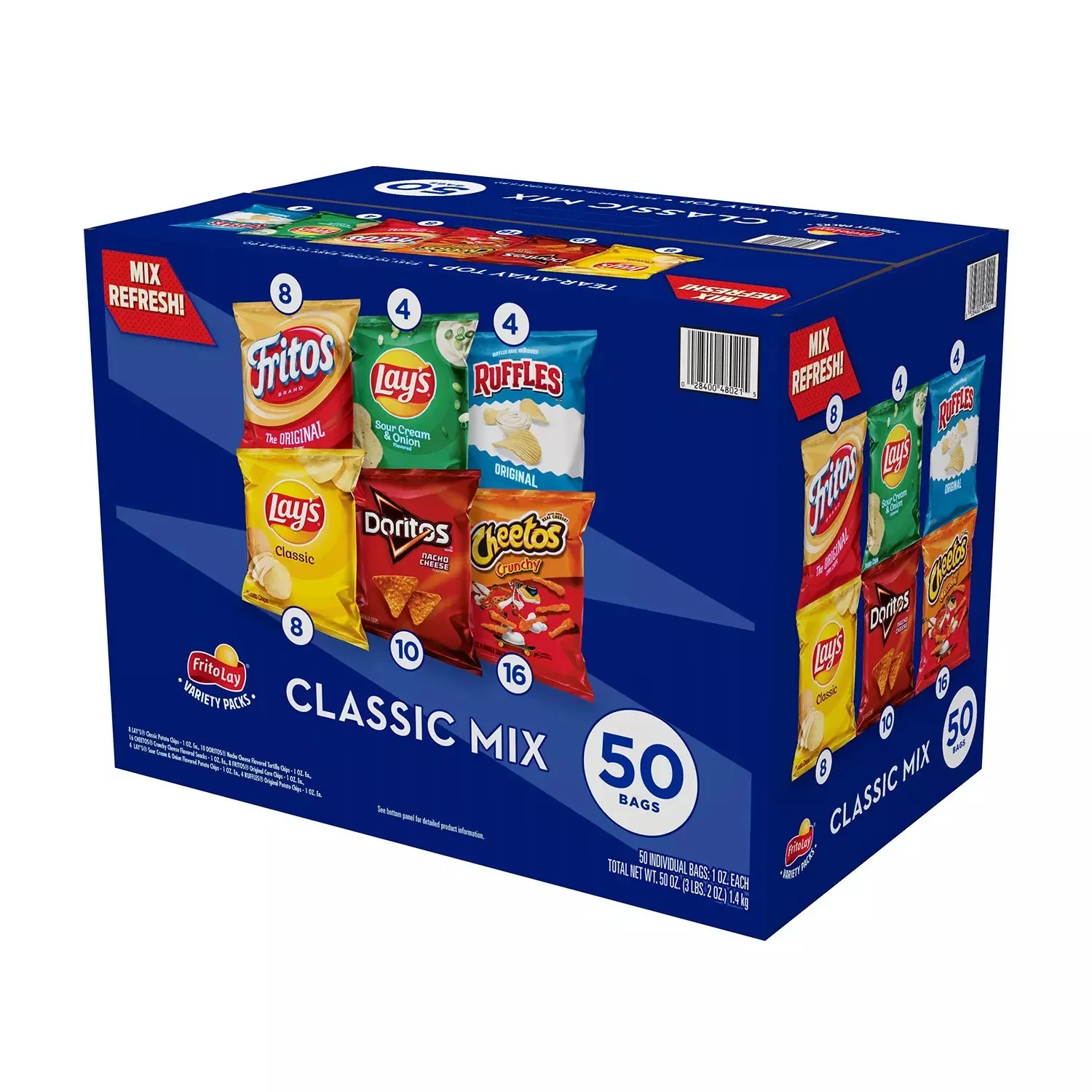 A box of Frito-Lay Classic Mix Variety Pack containing 50 assorted snack bags including brands like Lay's, Doritos, Cheetos, Ruffles, and Fritos.