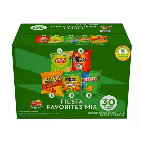 A box of Frito-Lay Fiesta Favorites Mix Chips and Snacks containing 30 snack packs of Lay's, Doritos, Cheetos, and Ruffles.