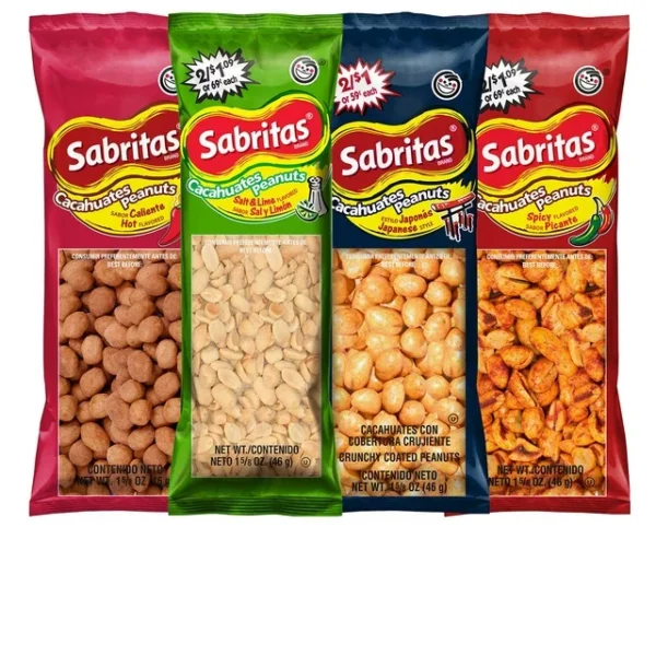 Four bags of Sabritas peanuts with different flavors.