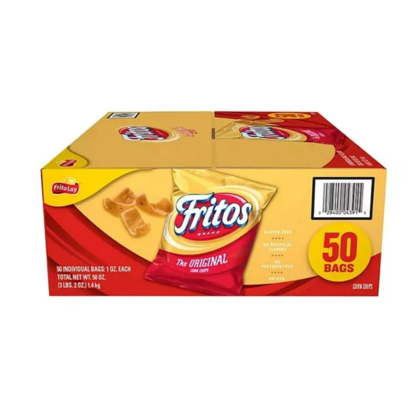 A box of Fritos The Original Corn Chip containing 50 individual snack bags, with product details and a visible barcode.