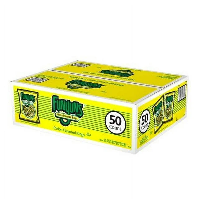 A box of 50 Funyuns Onion Rings Snacks, displayed in yellow and green packaging.