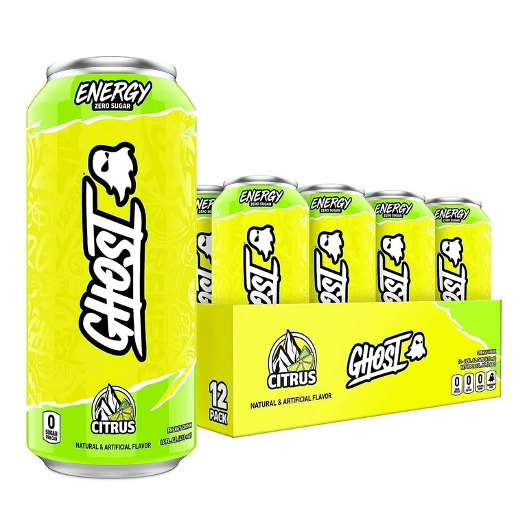 A 12-pack of Ghost Energy Sugar-Free Energy Drink Citrus-flavored drinks in bright green cans, displayed with one can in front and the others in a box.