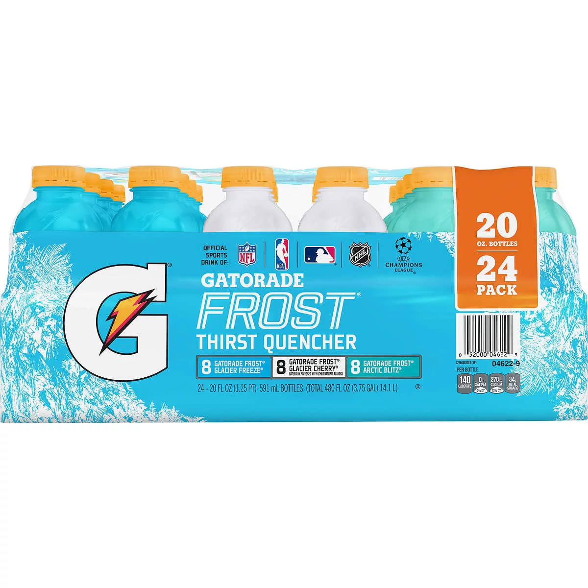 A 24-pack of Gatorade Frost Thirst Quencher variety pack, each bottle with blue liquid, arranged in a blue and white icy-themed carton.