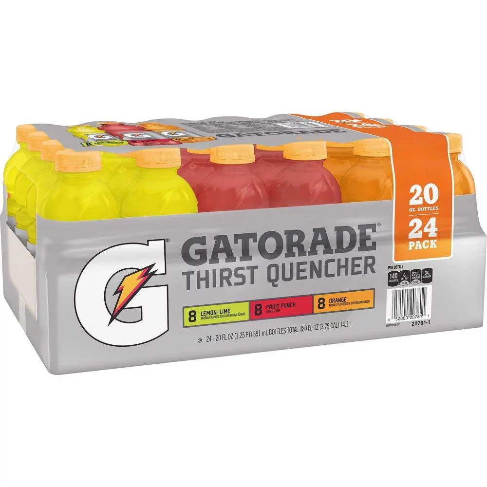 A 24-pack of Gatorade Sports Drinks Variety Pack bottles in orange, yellow, and red colors.