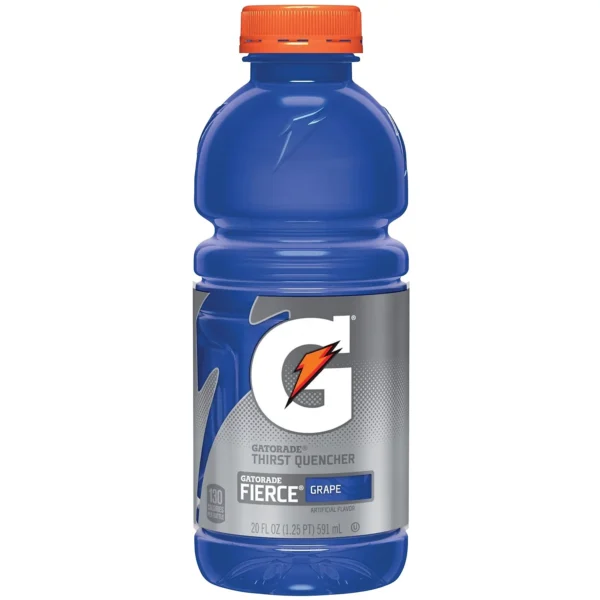 A 20 oz bottle of Gatorade Sports Drink, Grape Fierce, featuring a blue bottle with an orange cap and a label showing the logo and nutritional information.