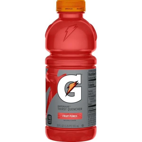 A bottle of Gatorade Sports Drink, Fruit Punch, displaying its label and nutritional information, against a white background.