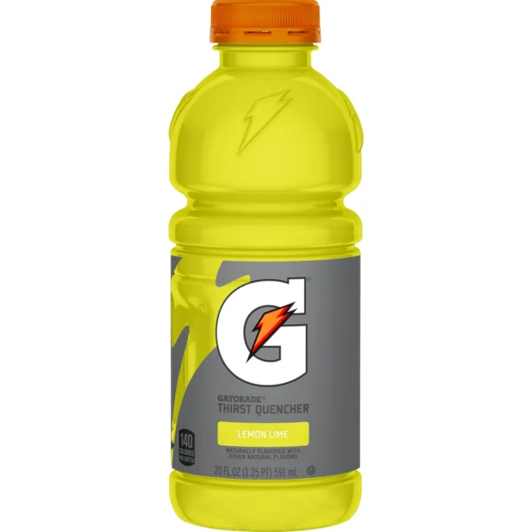 A 20 fl oz bottle of Gatorade Sports Drink, Lemon Lime thirst quencher with a gray label and orange cap.