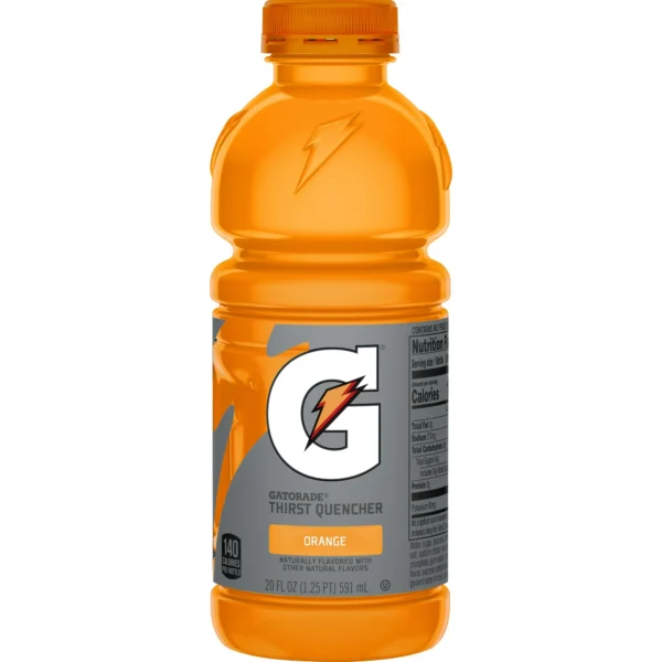 A bottle of Gatorade Sports Drink, Orange with the brand logo and nutritional information visible.