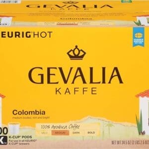 Box of Gevalia Medium Roast K-Cup Coffee Pods, Colombia Blend for Keurig brewers, featuring a yellow and white design with a crown logo.