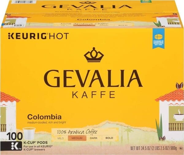 Box of Gevalia Medium Roast K-Cup Coffee Pods, Colombia Blend for Keurig brewers, featuring a yellow and white design with a crown logo.