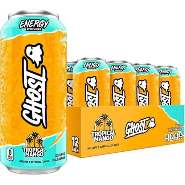 A 12-pack of GHOST ENERGY Sugar-Free Energy Drink Tropical Mango, with prominent orange and white packaging.