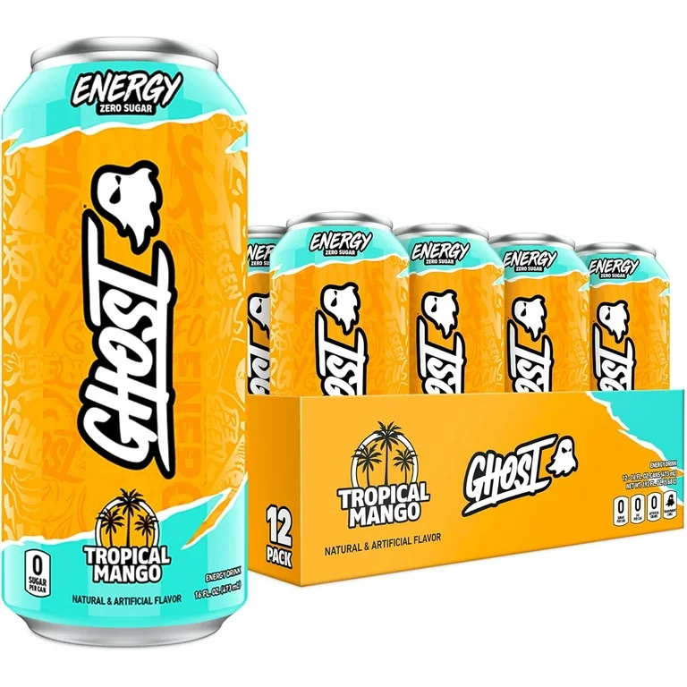 A 12-pack of GHOST ENERGY Sugar-Free Energy Drink Tropical Mango, with prominent orange and white packaging.