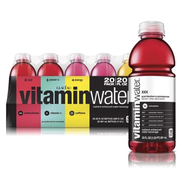 A line of Glaceau Vitaminwater Variety Pack with varying flavors, displayed against a white background, highlighting the drink's nutrient information.