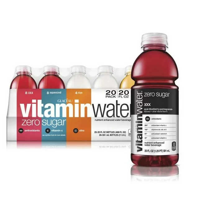 A line of Glaceau Vitaminwater Zero Variety Pack bottles in various flavors, with the focus on a bottle of Acai-Blueberry-Pomegranate flavor.