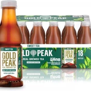 Pack of Gold Peak Sweet Tea showing a single bottle in front with a pack of 18 bottles behind, labeled "real brewed tea made with cane sugar.