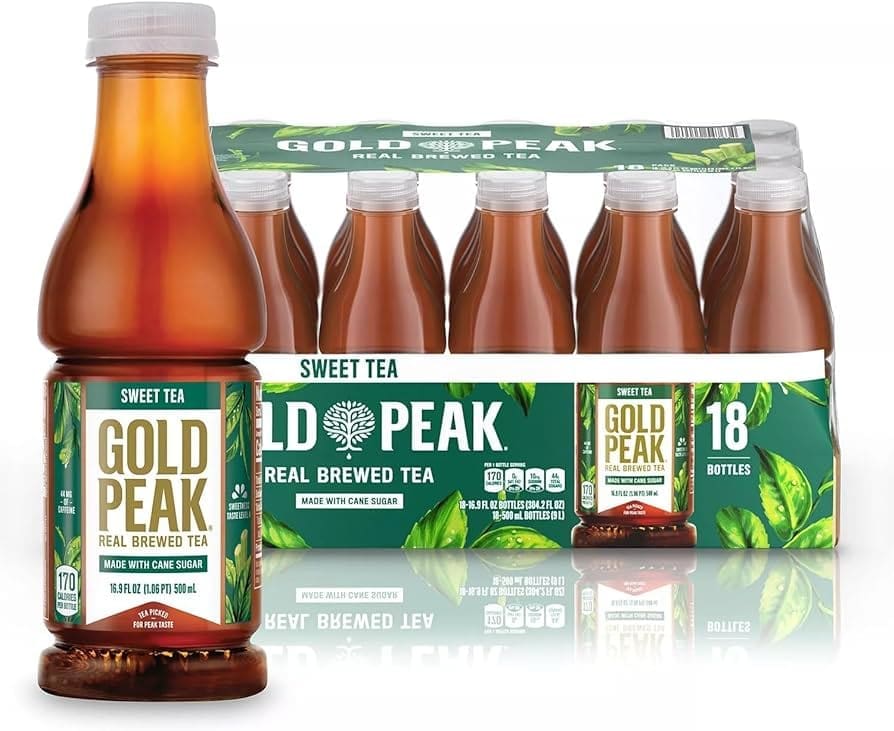 Pack of Gold Peak Sweet Tea showing a single bottle in front with a pack of 18 bottles behind, labeled "real brewed tea made with cane sugar.