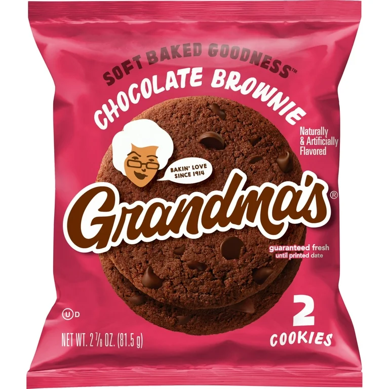 A package of Grandma's Chocolate Brownie Big Cookie Two Pack, featuring two soft-baked cookies, guaranteed fresh until the printed date.