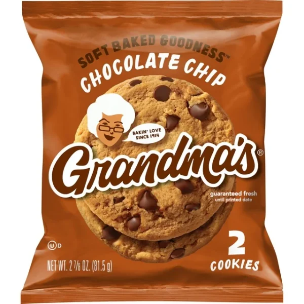 Packaging of Grandma's Chocolate Chip Big Cookie Two Pack, emphasizing two soft baked cookies, with brand and logo visible.