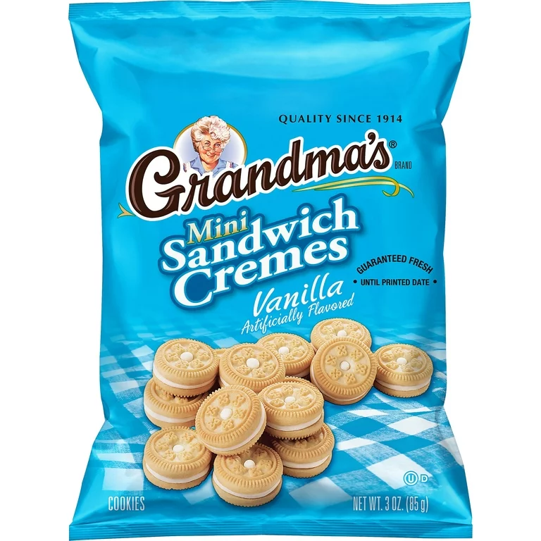 Package of Grandma's Cookie Vanilla Creme Mini cookies showing the brand logo, product name, and several cookies displayed in front.