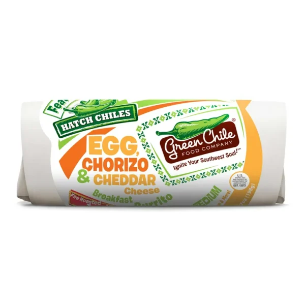 Packaged Green Chile Egg and Chorizo Breakfast Burrito with egg, chorizo, and cheddar cheese, isolated on a white background.