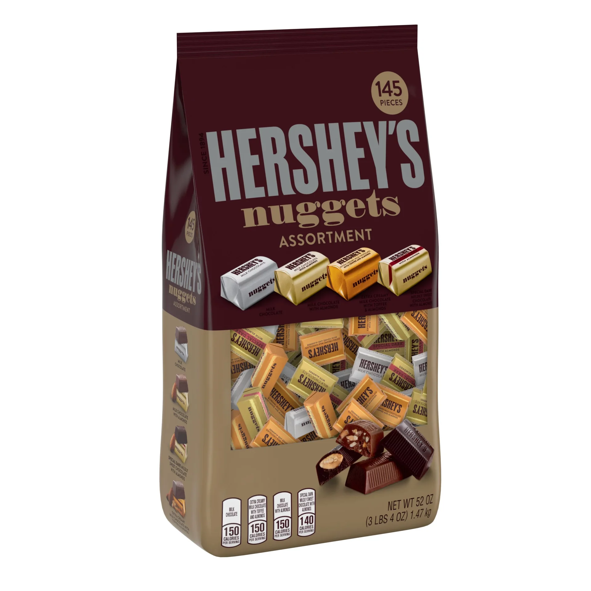 A bag of Hershey's Nuggets Assorted Chocolate Candy Bulk Bag, showcasing different flavors including milk chocolate, toffee almond, and extra creamy milk chocolate.