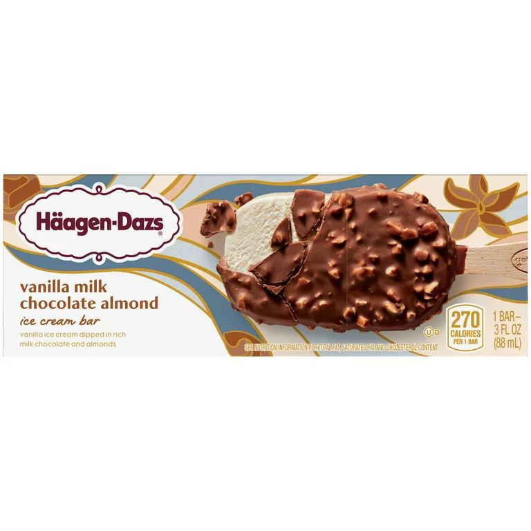 A Haagen-Dazs Vanilla Milk Chocolate Almond Ice Cream Bars, partially unwrapped, showing the chocolate coating with almonds.