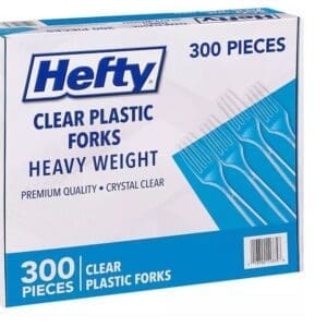 Box of Hefty Clear Heavy Weight Plastic Forks, labeled as heavy weight and premium quality, containing 300 pieces.