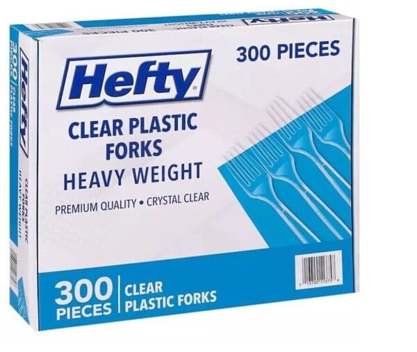 Box of Hefty Clear Heavy Weight Plastic Forks, labeled as heavy weight and premium quality, containing 300 pieces.