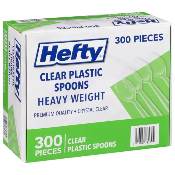 Box of Hefty Clear Heavy-Weight Plastic Spoons, containing 300 heavy weight pieces, shown from the side with product details visible.