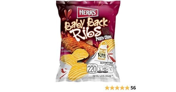 A package of Herr's Baby Back Ribs Potato Chips, depicting rippled chips and nutritional details, with a 4.5-star rating and 56 reviews.