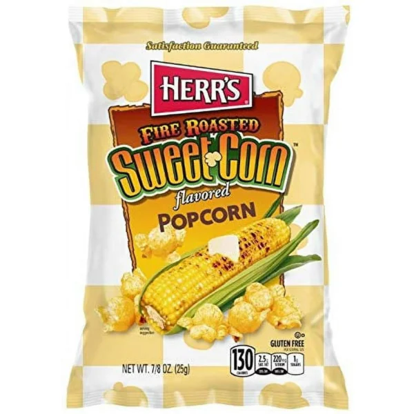 A package of Herr's Fire Roasted Sweet Corn, Popcorn flavored popcorn with images of popcorn and a roasted corn cob on the front.