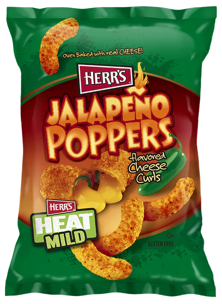 A bag of Herr's Jalapeño Poppers Flavored Cheese Curls, labeled as mild heat and gluten-free.