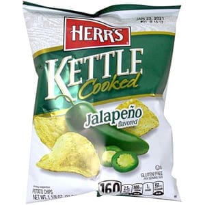 A bag of Herr's Jalapeño Kettle Chips, showing chips and sliced jalapeños on the packaging.